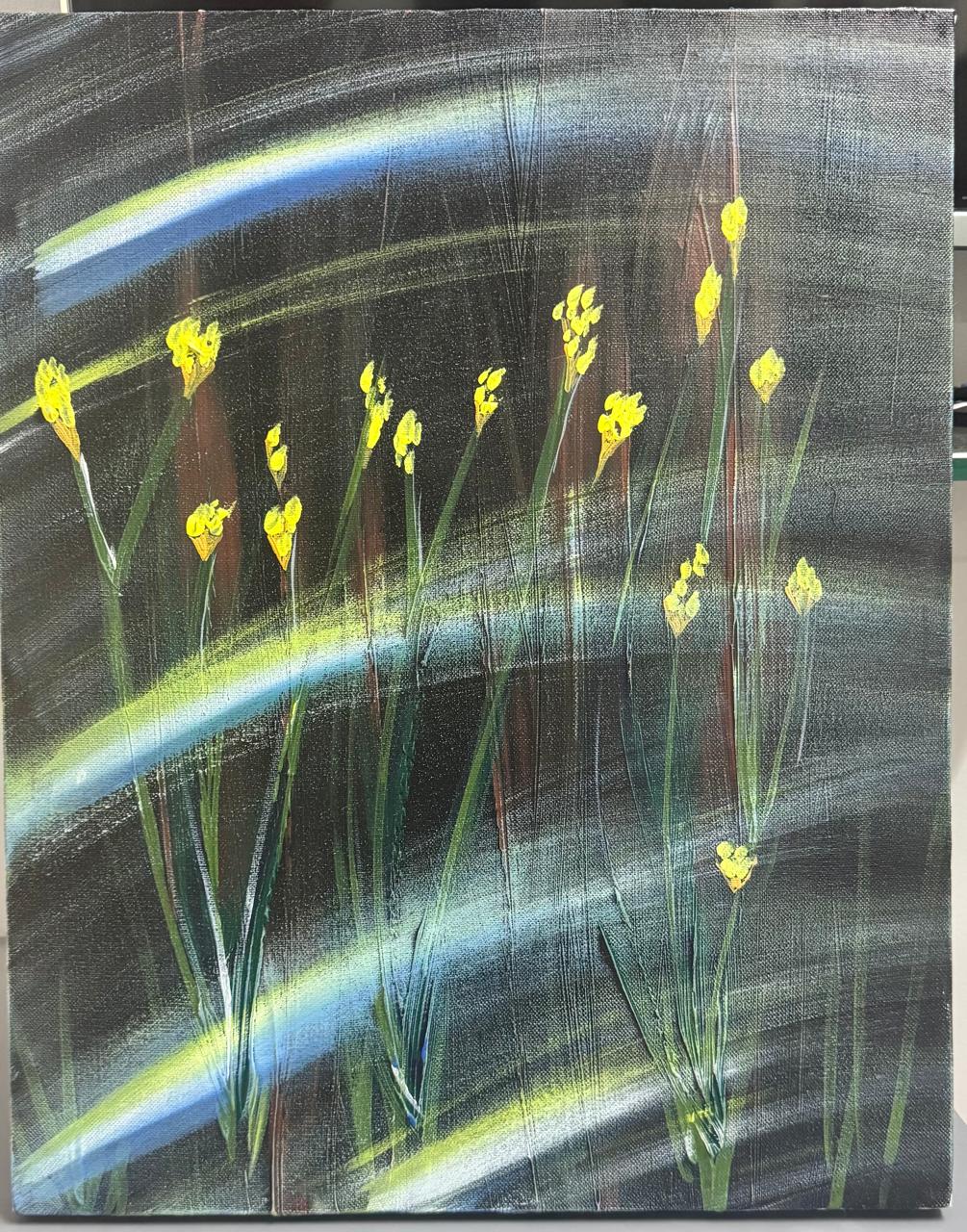 Yellow flowers painted against sweeping dark bands
